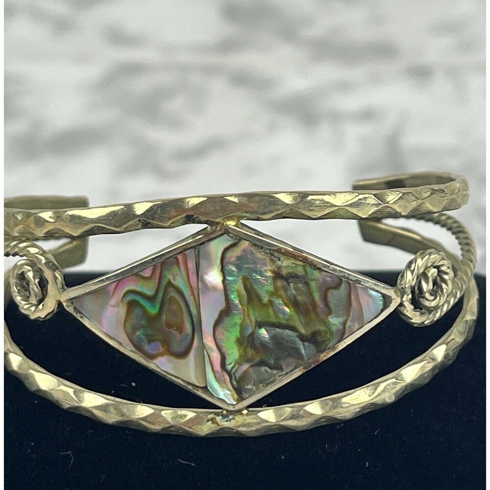 Vintage Mexican Alpaca Cuff Bracelet Geometric Abalone shell inlay Silver tone